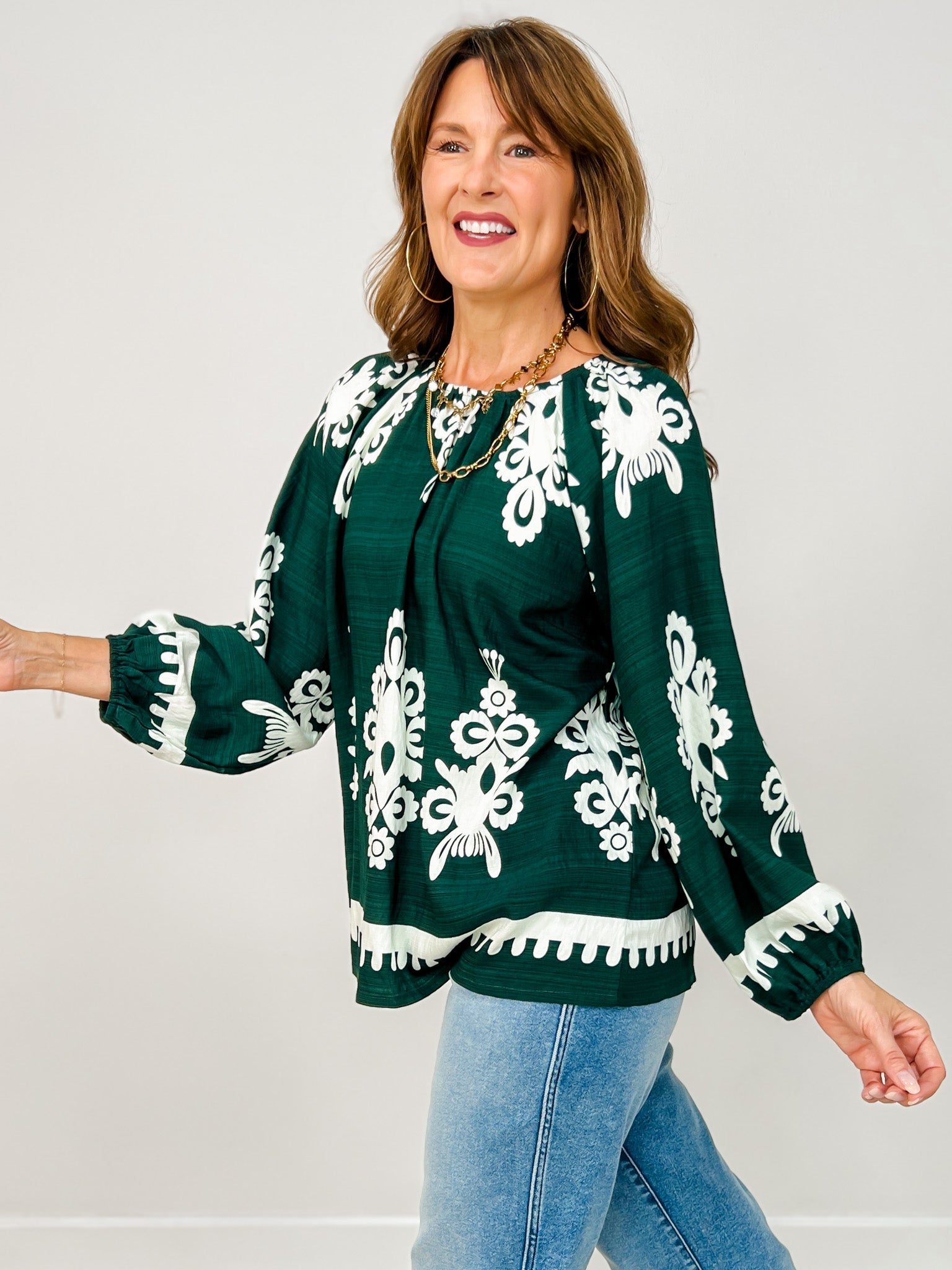 Floral Print Peasant Top with Bubble Sleeves