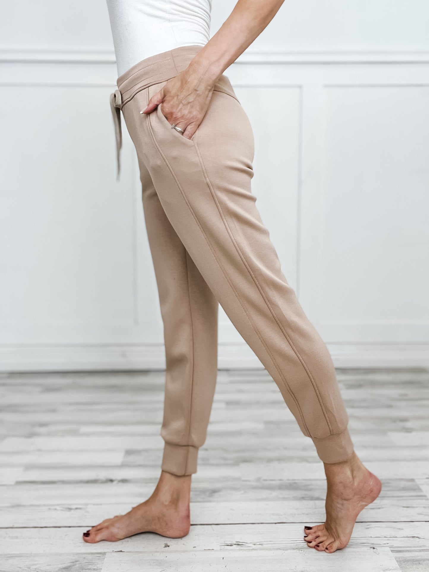 Sporty Chic Long Sleeve Top with Elastic Waist Jogger Set in Light Khaki