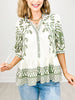 Abstract Border Print Top with Tassel Tie Neckline