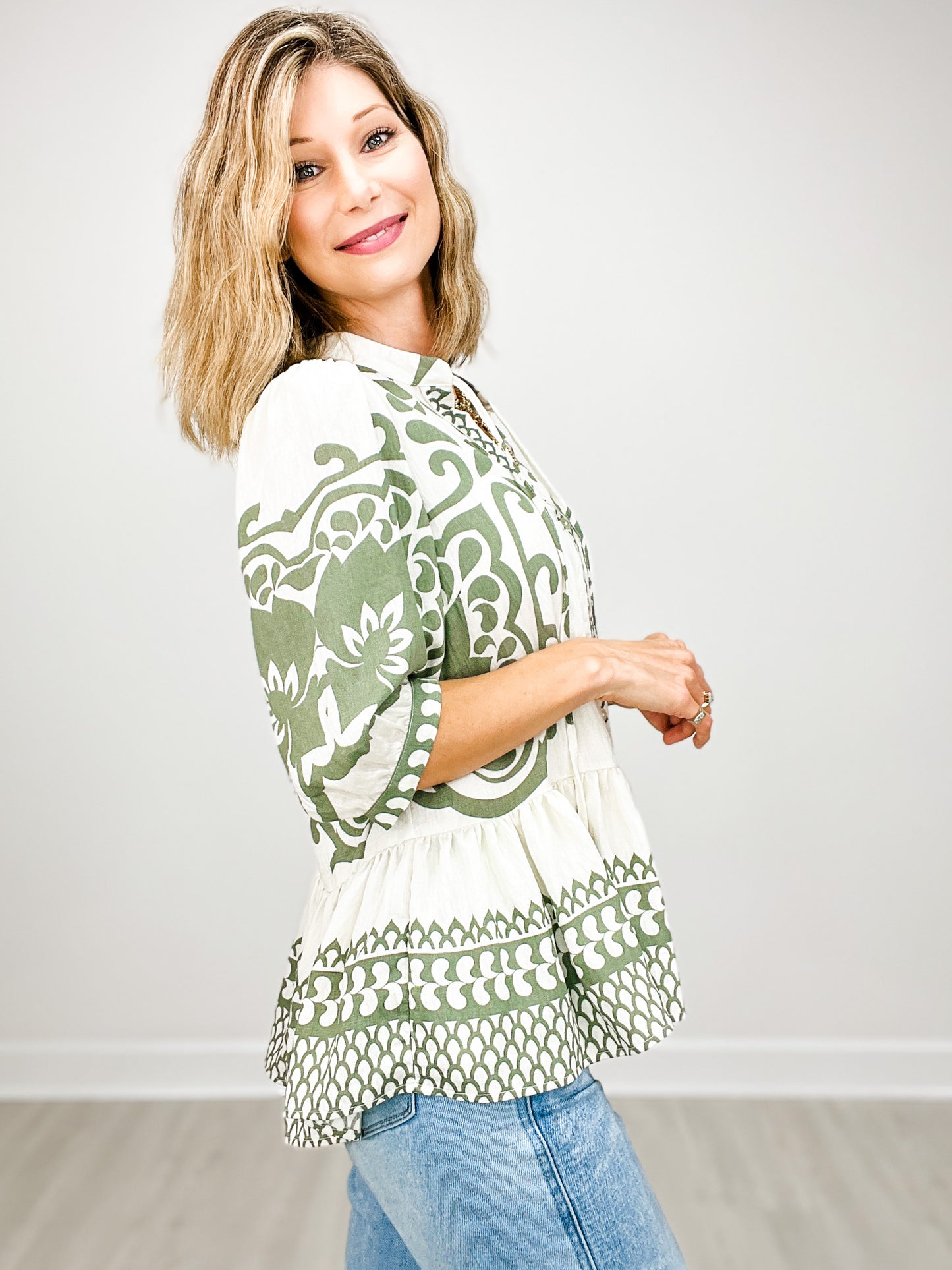 Abstract Border Print Top with Tassel Tie Neckline