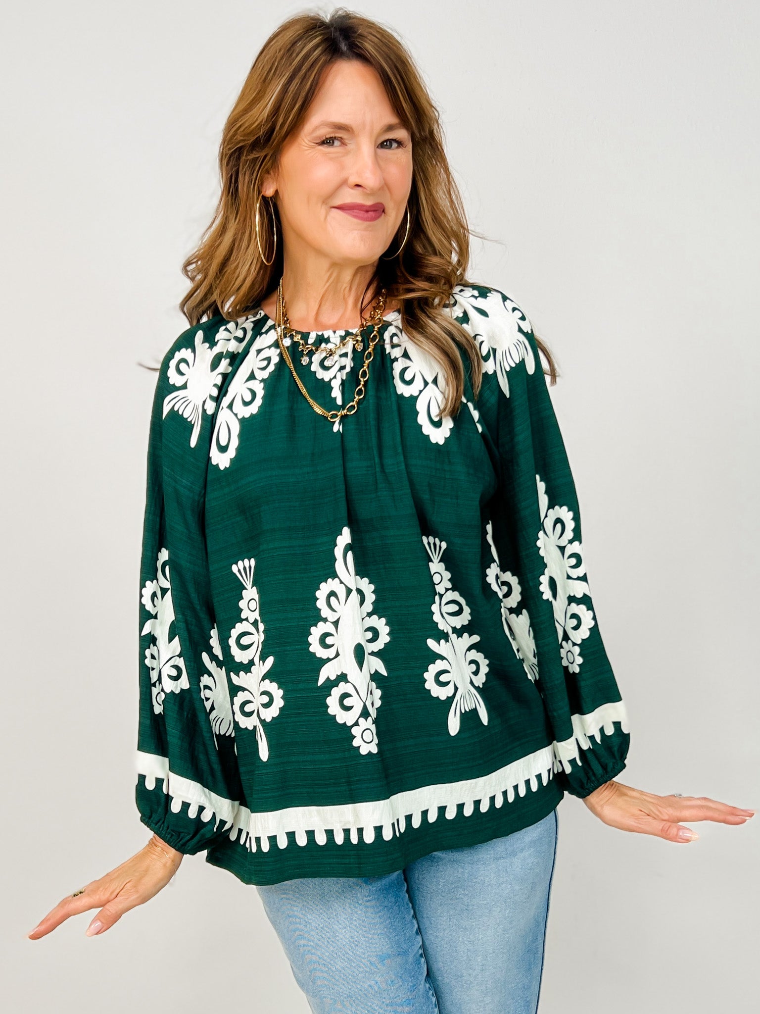 Floral Print Peasant Top with Bubble Sleeves