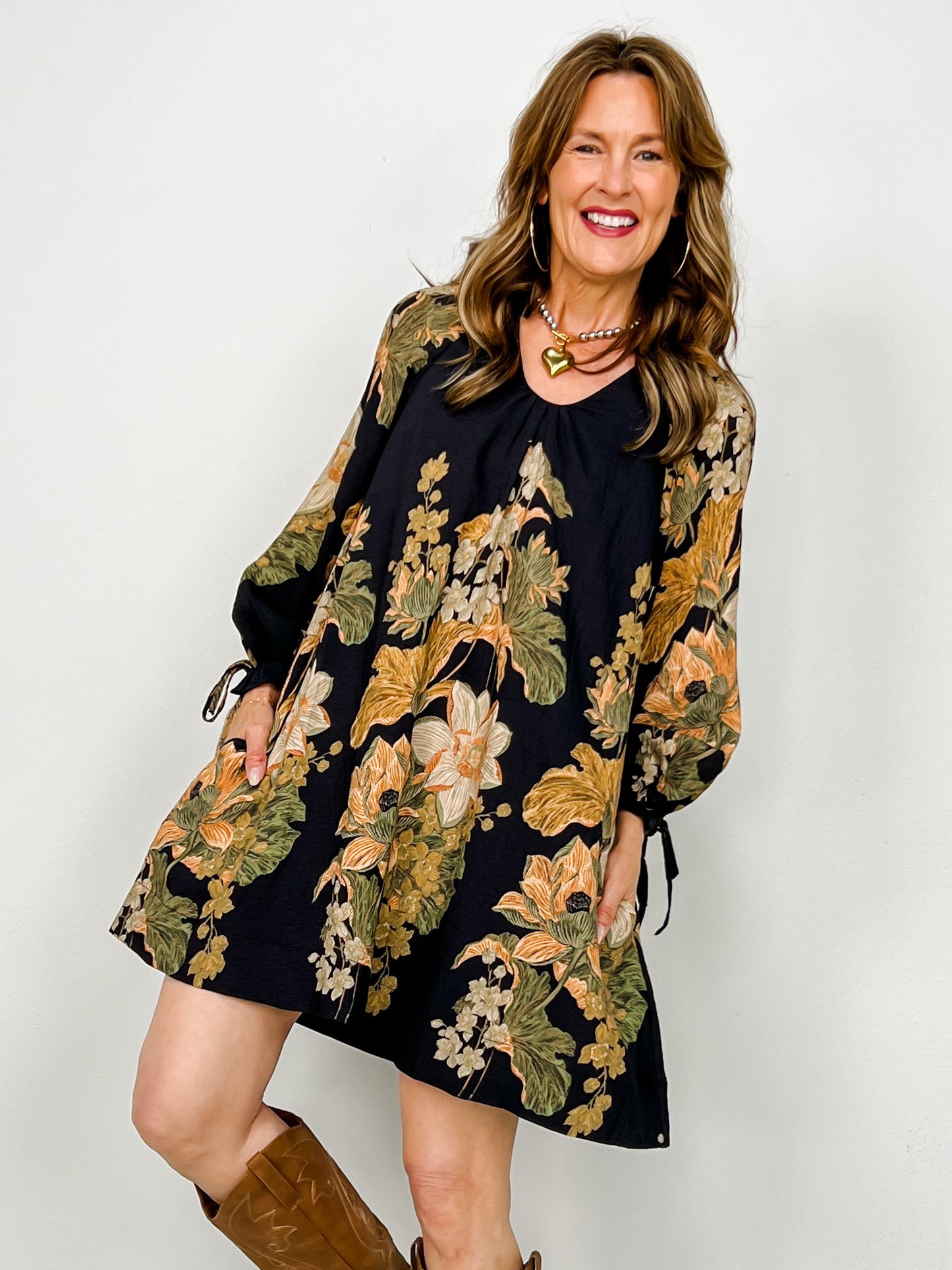 V-Neck Botanical Print Lined Dress with Tie Sleeves