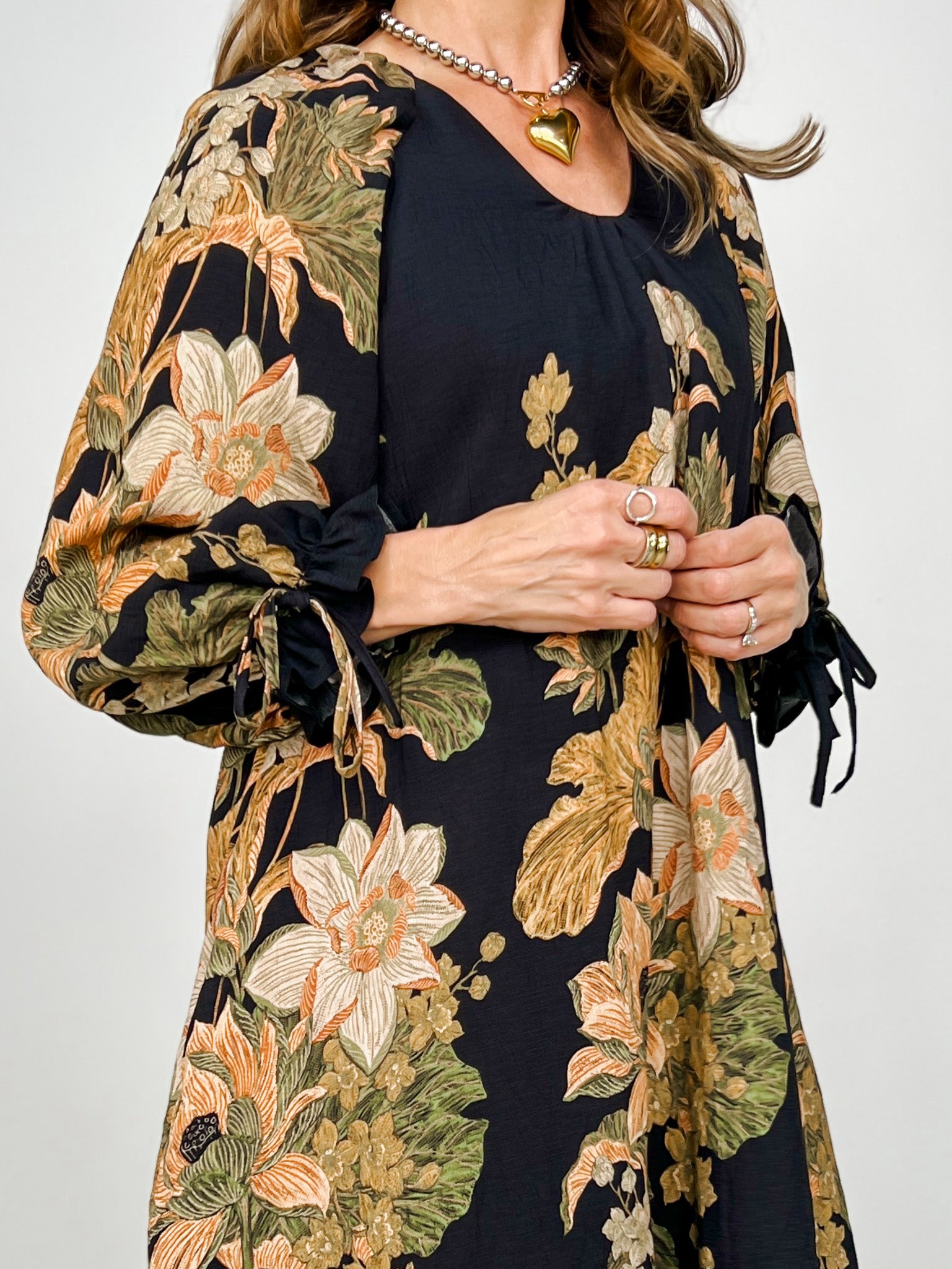 V-Neck Botanical Print Lined Dress with Tie Sleeves