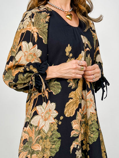 V-Neck Botanical Print Lined Dress with Tie Sleeves