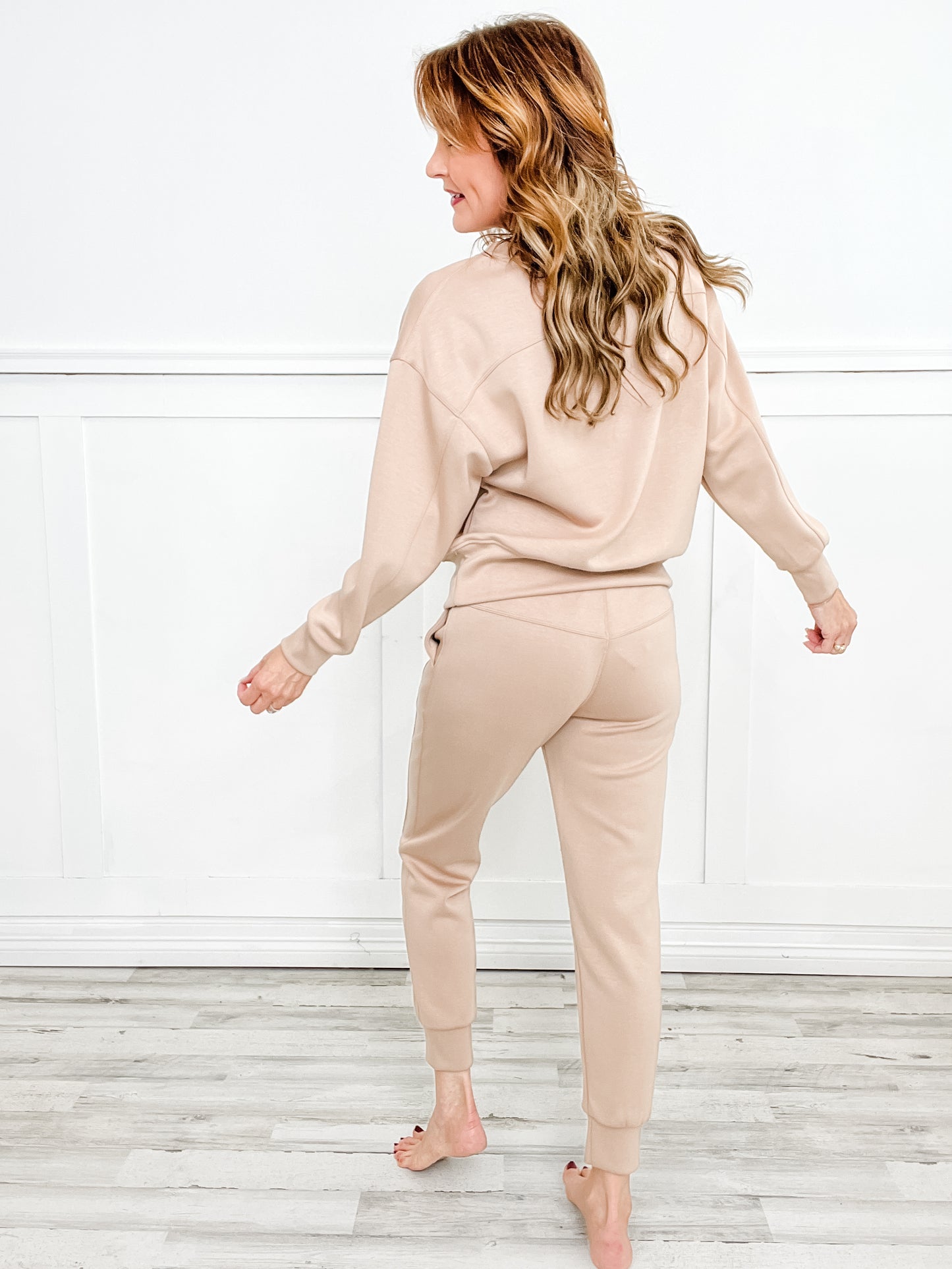 Sporty Chic Long Sleeve Top with Elastic Waist Jogger Set in Light Khaki