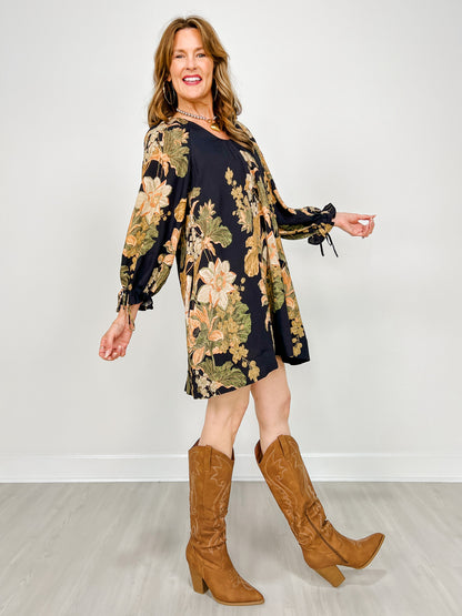 V-Neck Botanical Print Lined Dress with Tie Sleeves