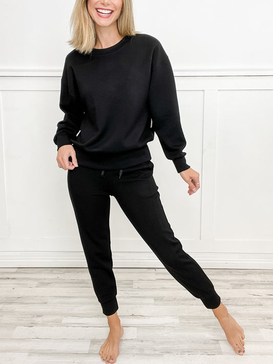 Sporty Chic Ultra Comfy Long Sleeve Top with Elastic Waist Jogger Set in Black