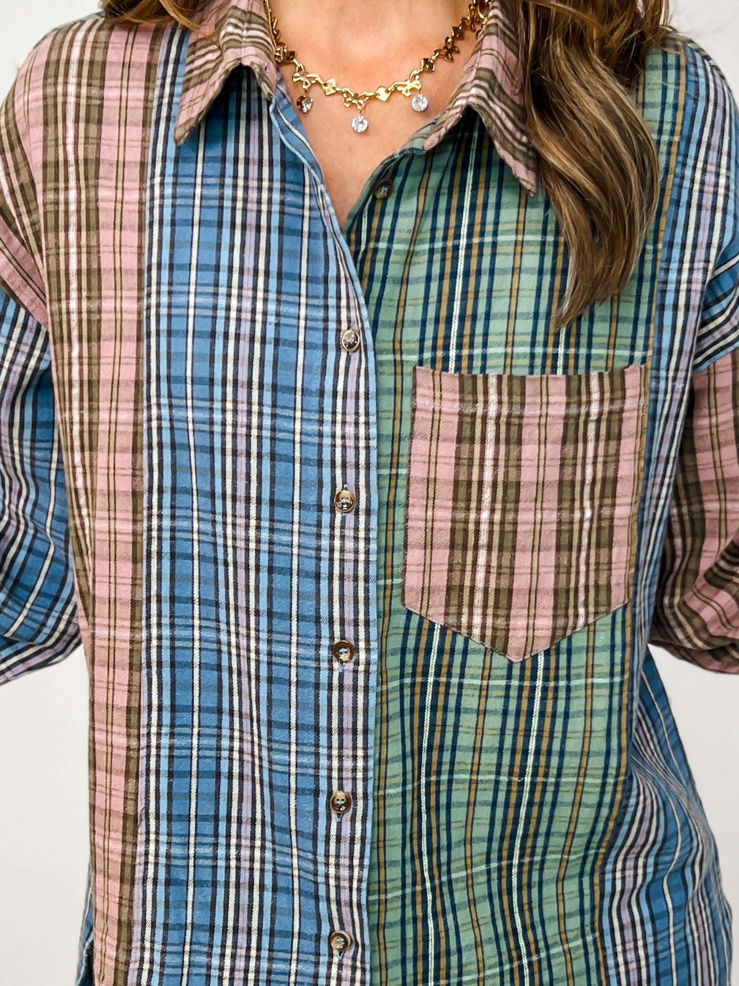 Artisanal Patchwork Plaid Button-Up Top