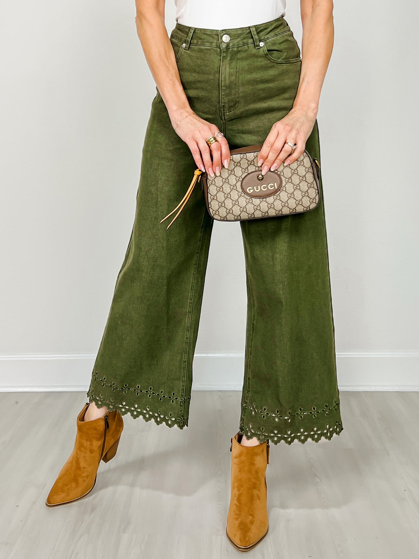 High Waist Ankle Length Scalloped Hem Pants
