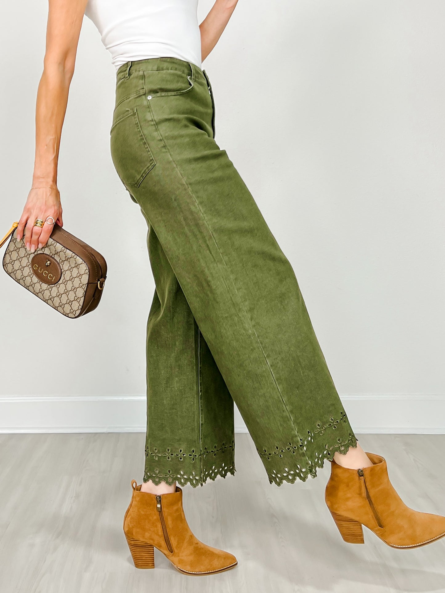 High Waist Ankle Length Scalloped Hem Pants