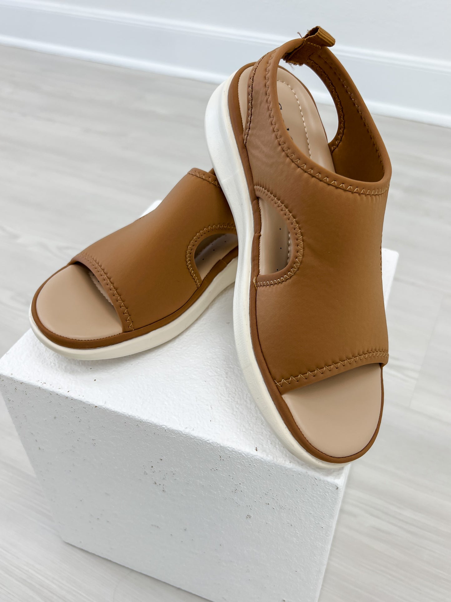 Good Choice Romy Stretch Lycra Wedge Sandals in Brown