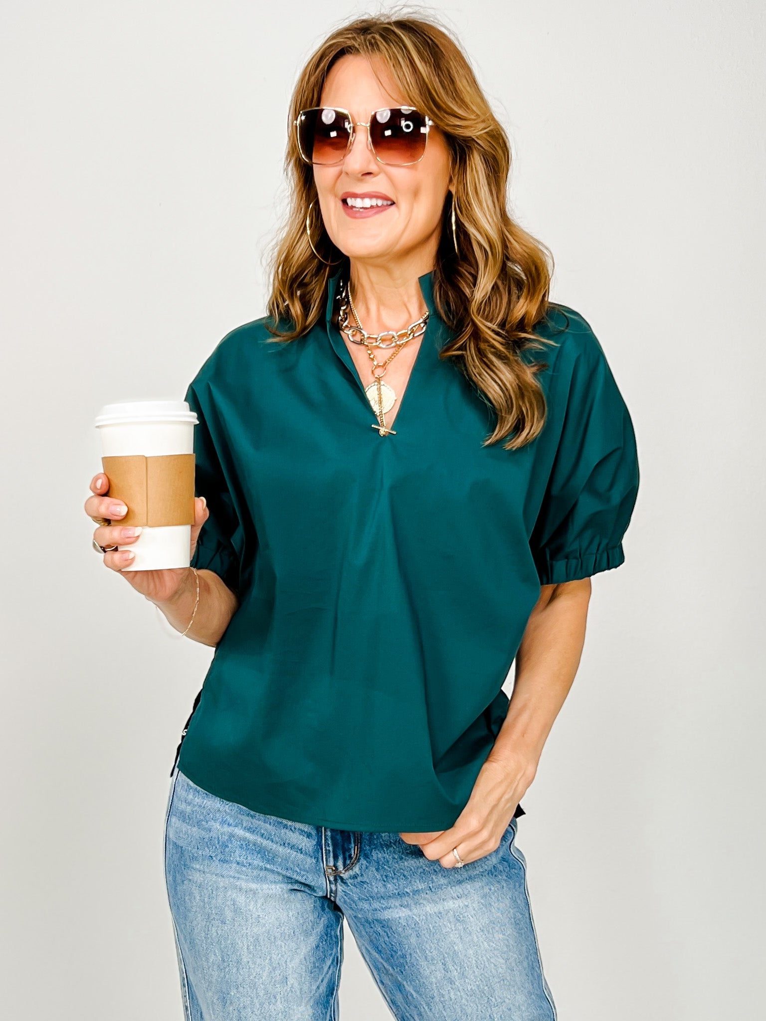Solid Puff Sleeve Top with Standing Collar and V-Neckline