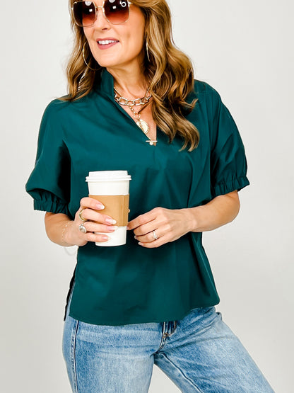 Solid Puff Sleeve Top with Standing Collar and V-Neckline