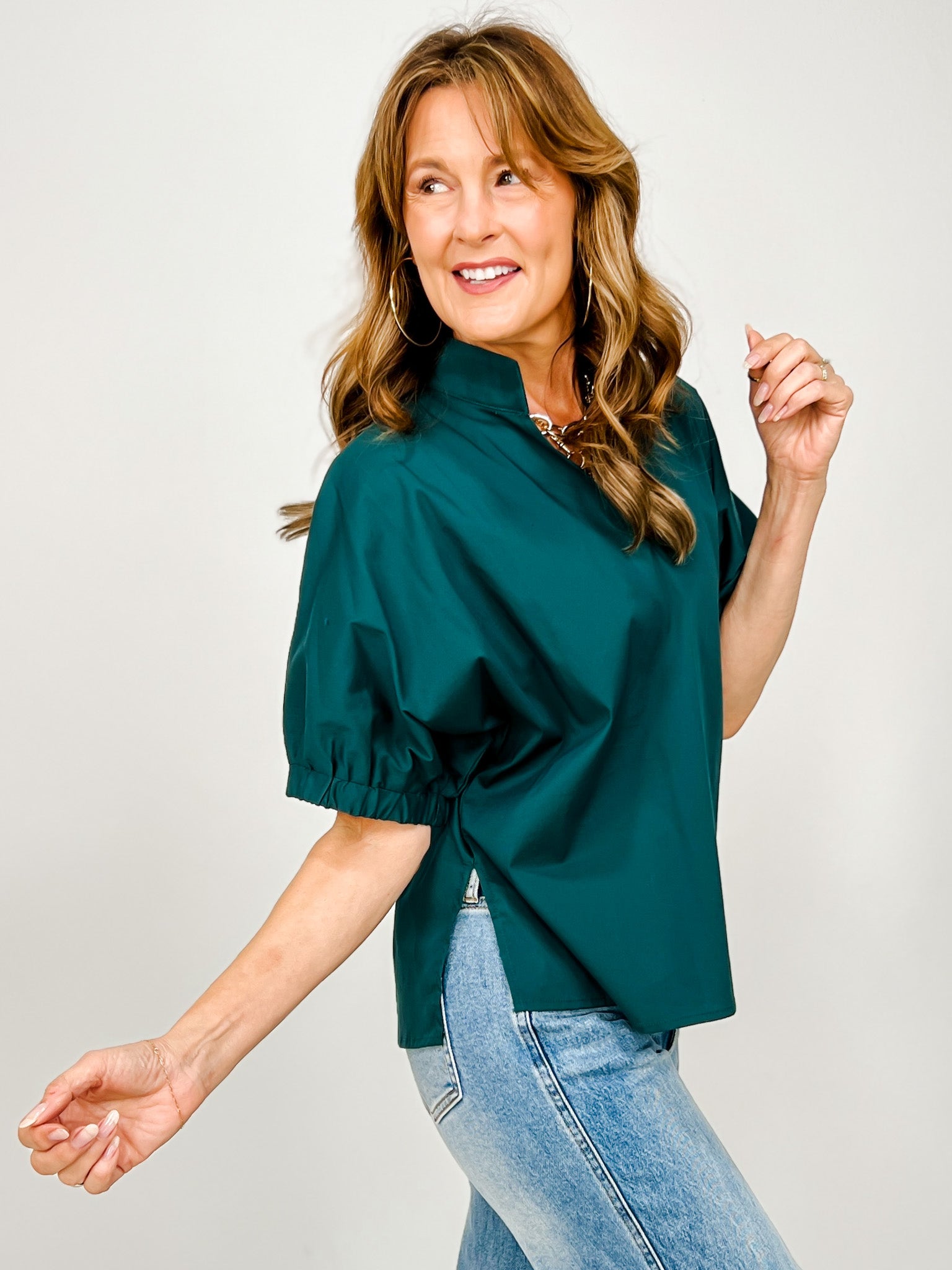Solid Puff Sleeve Top with Standing Collar and V-Neckline