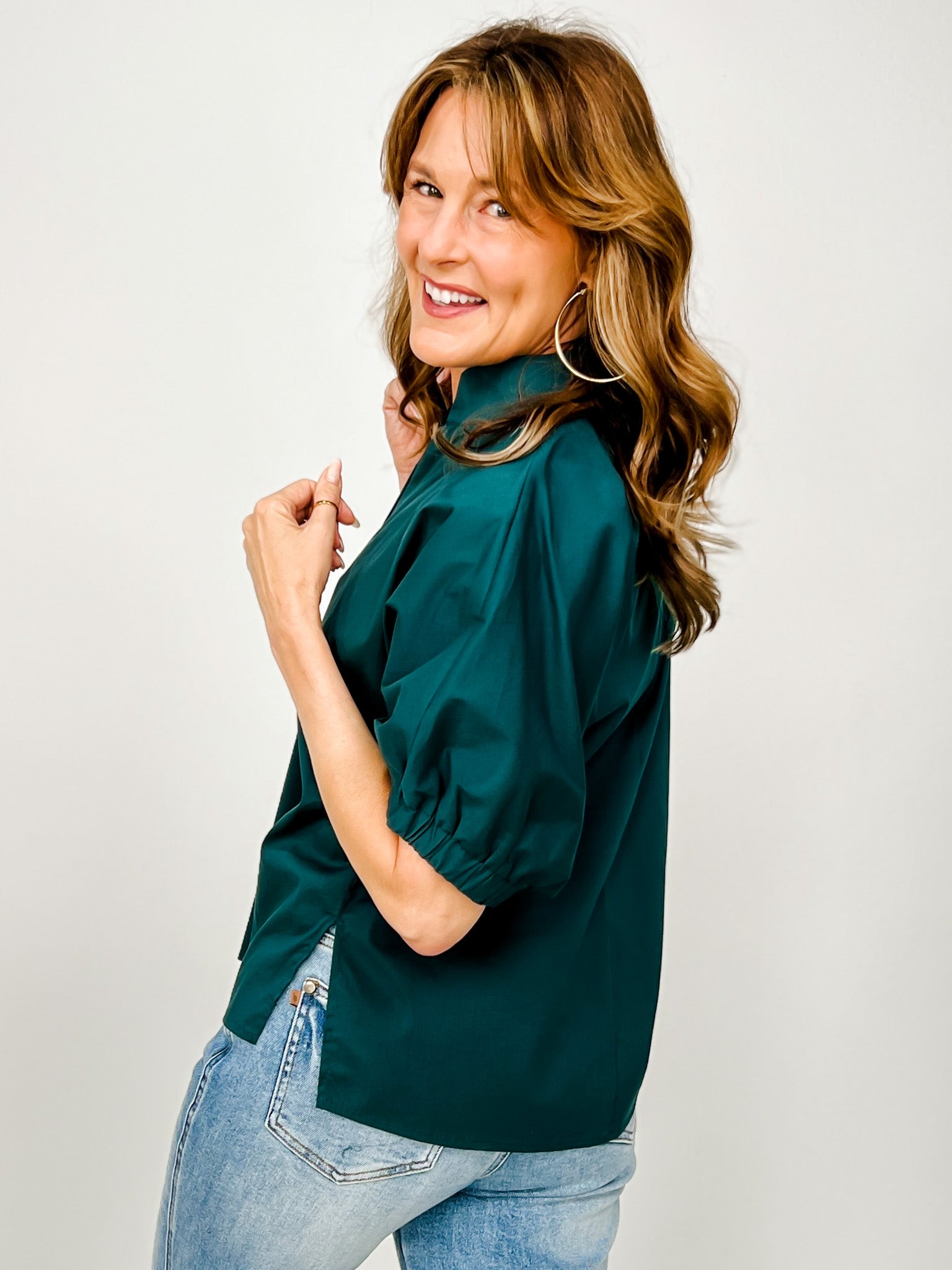 Solid Puff Sleeve Top with Standing Collar and V-Neckline