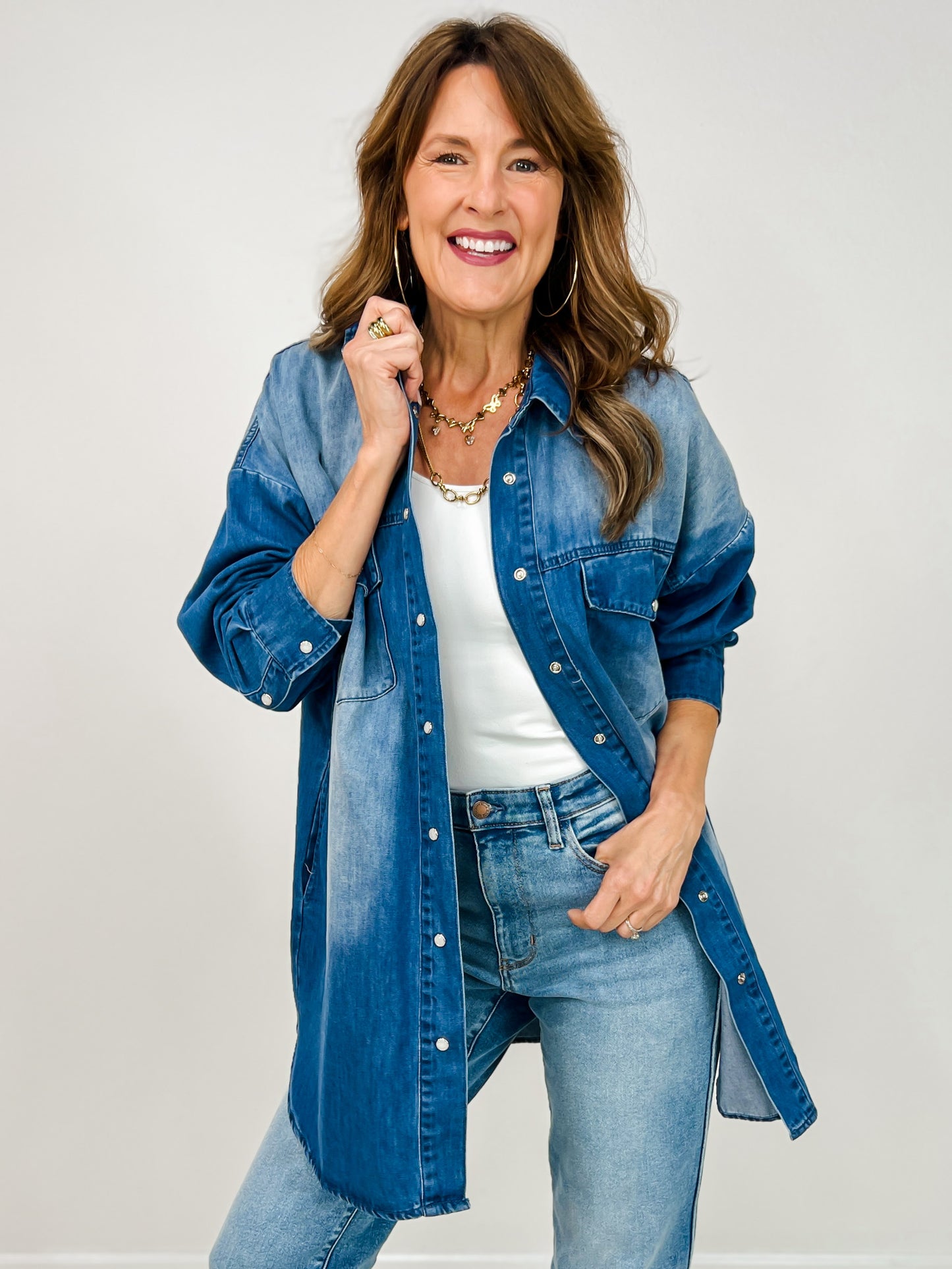 Long Sleeve Button Down Collared Denim Dress - Washed Medium Denim / S Long Sleeve Button Down Collared Denim Dress - Washed Medium Denim / S