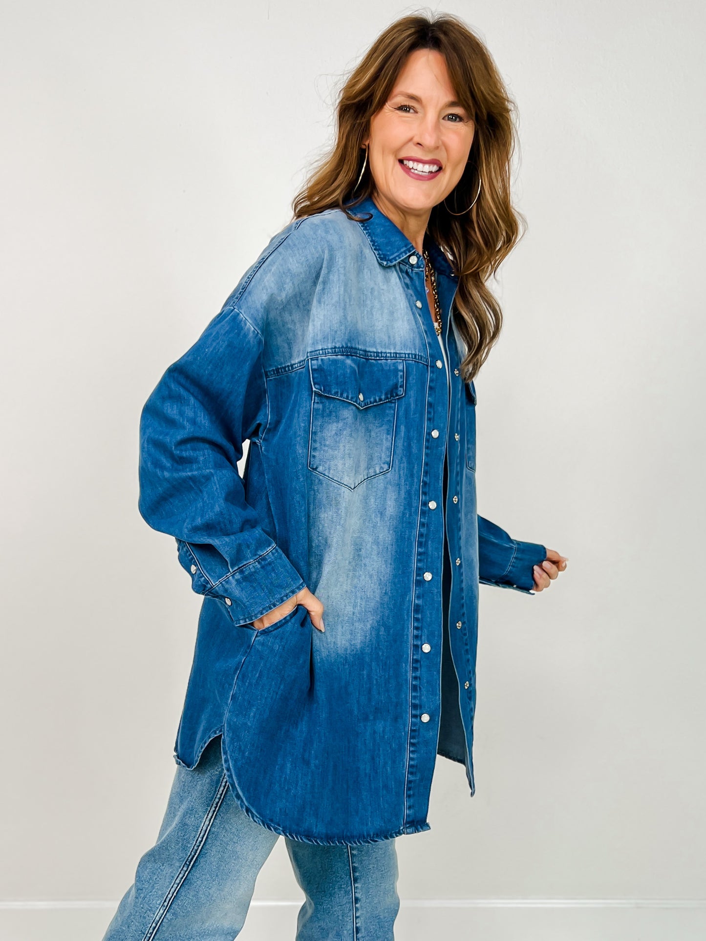 Long Sleeve Button Down Collared Denim Dress