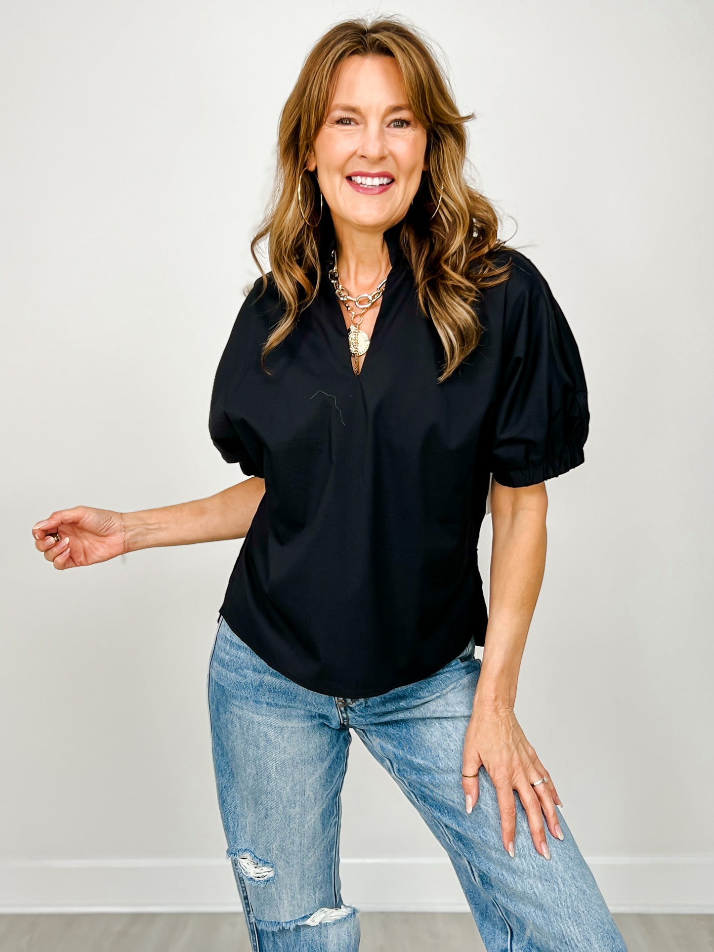 Solid Puff Sleeve Top with Standing Collar and V-Neckline
