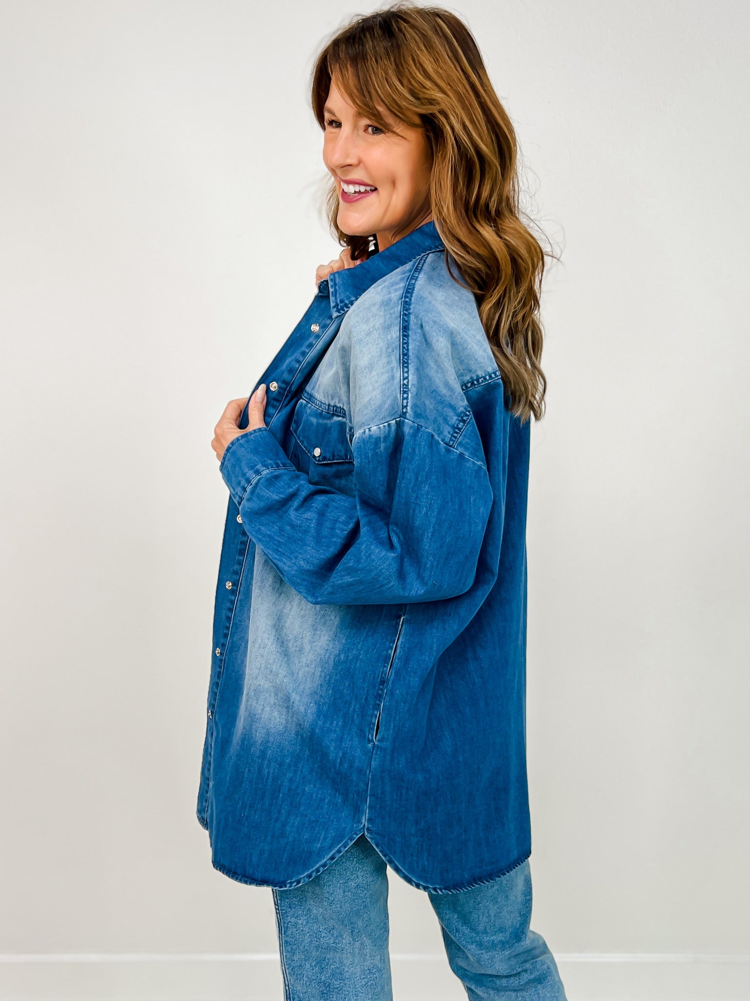 Long Sleeve Button Down Collared Denim Dress