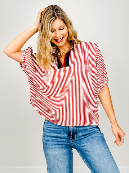 Striped Elasticated Sleeve Dolman Top with Split Neckline