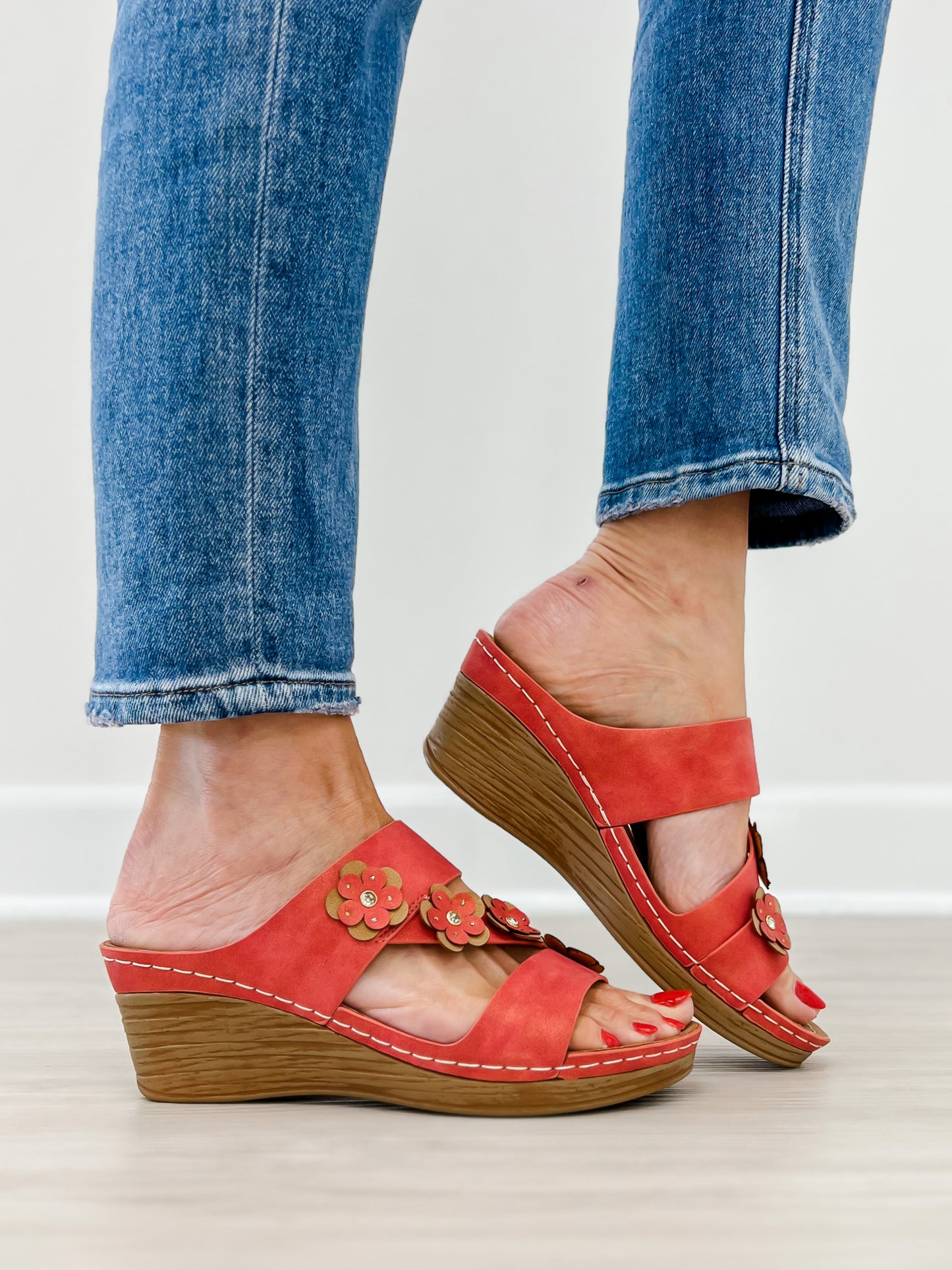 Good Choice Halia Floral Wedge Sandals in Red