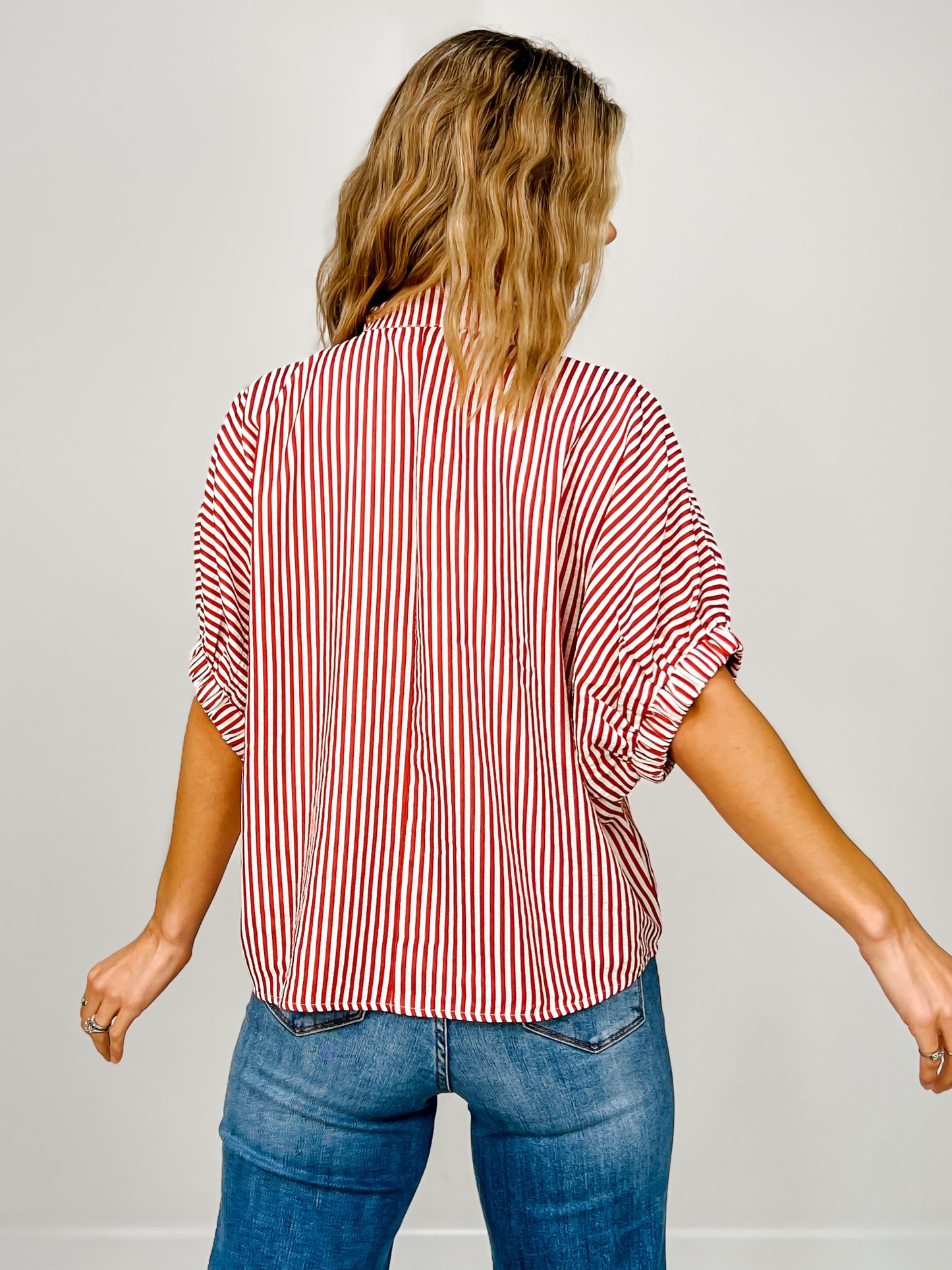 Striped Elasticated Sleeve Dolman Top with Split Neckline