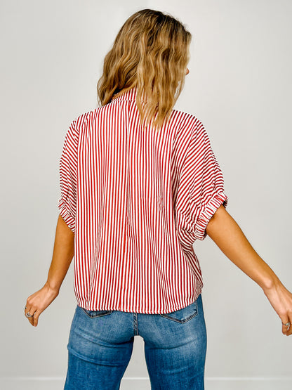 Striped Elasticated Sleeve Dolman Top with Split Neckline