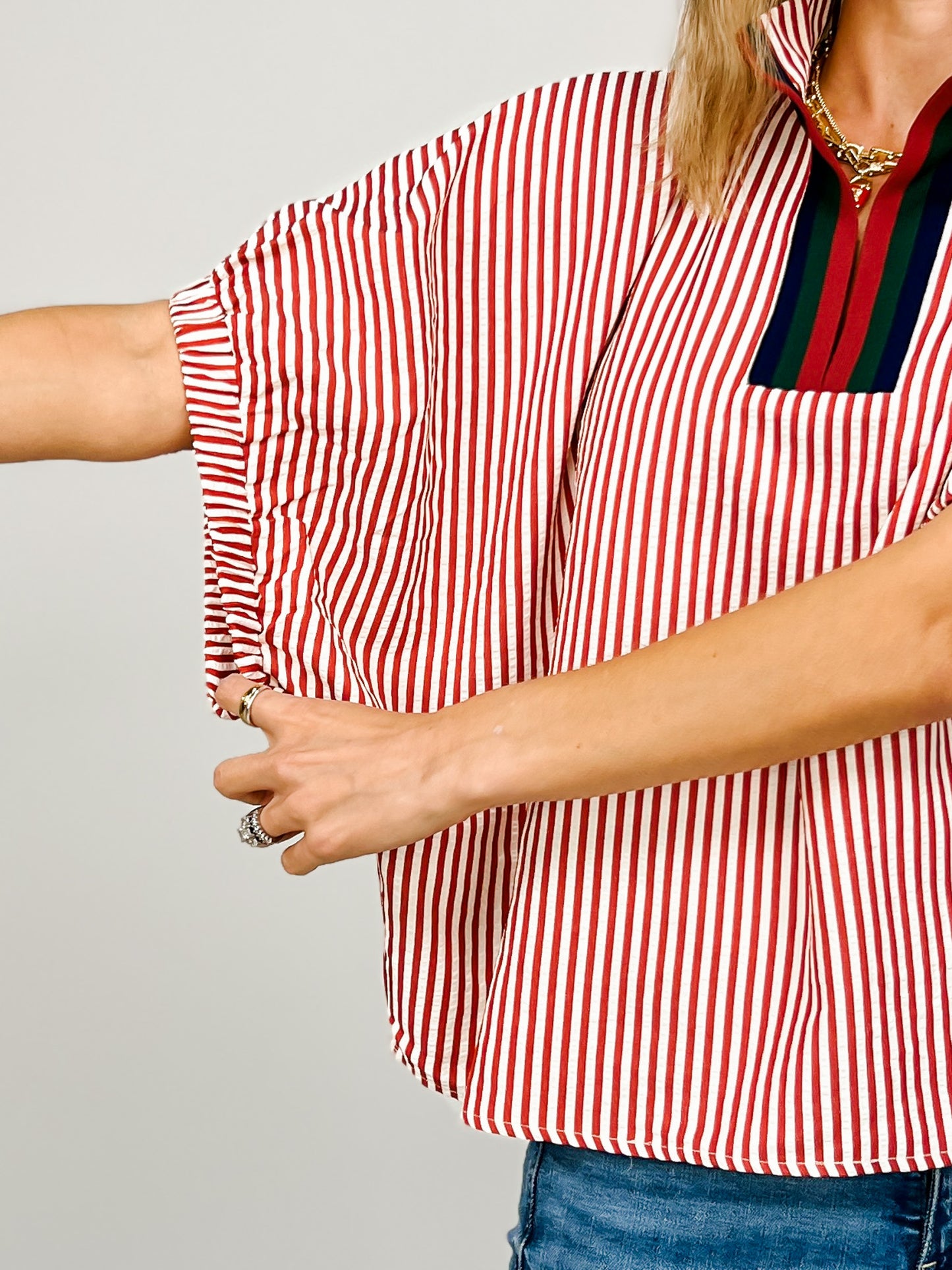 Striped Elasticated Sleeve Dolman Top with Split Neckline