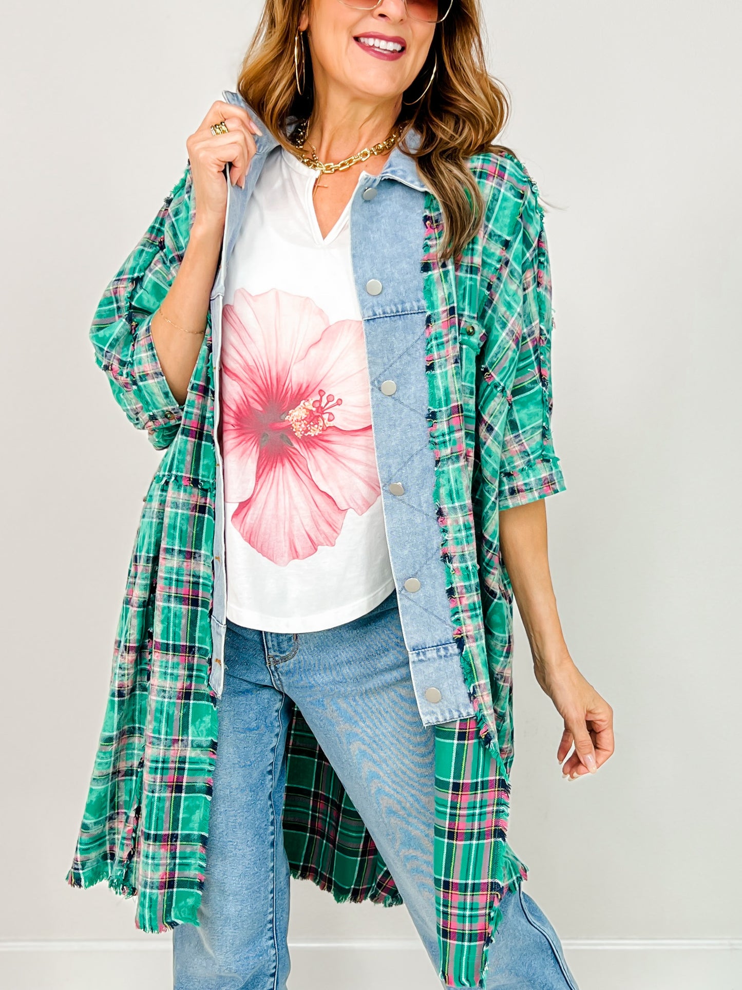 Curated Plaid and Denim Trim 3/4 Sleeve Shacket