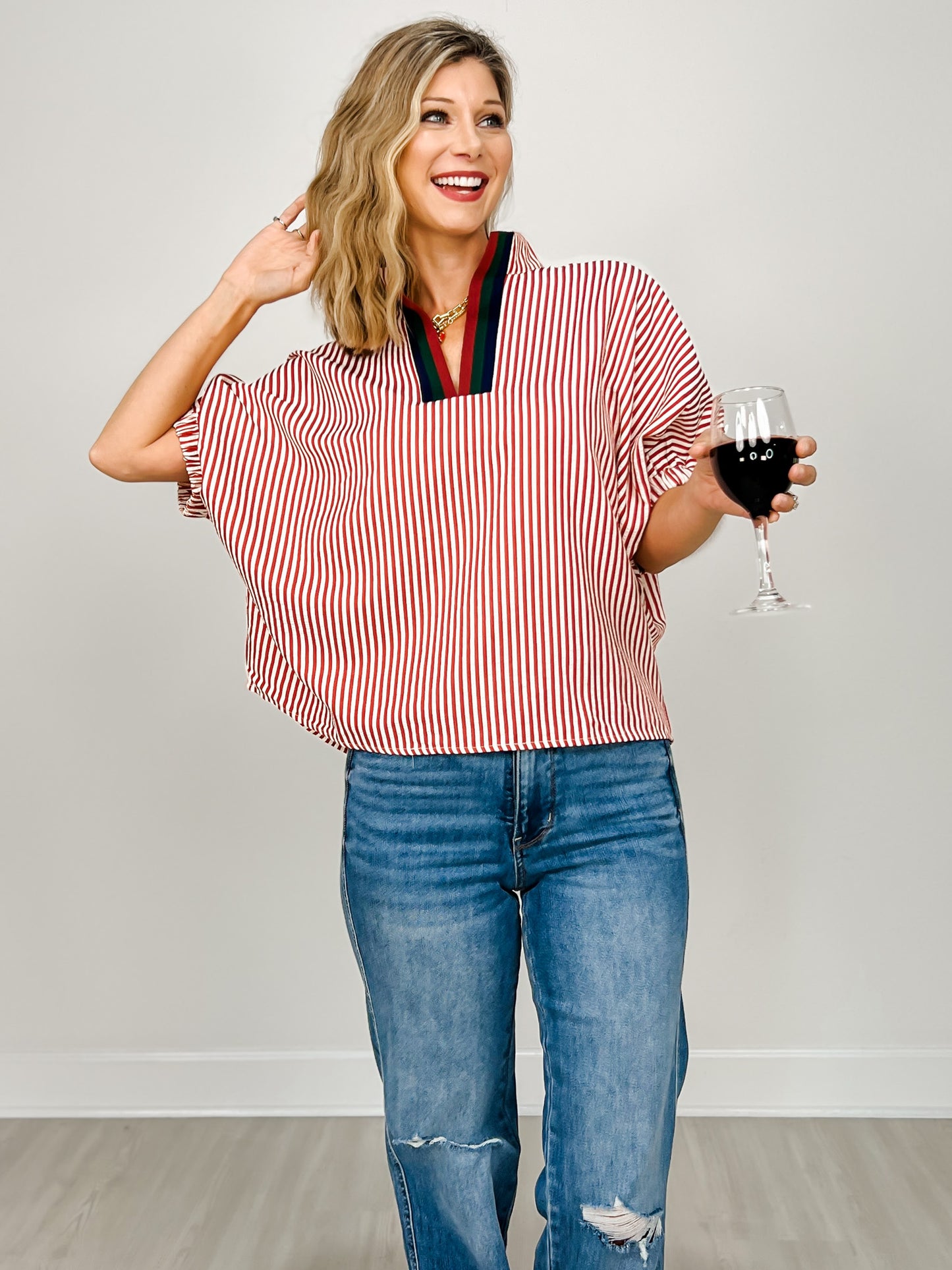 Striped Elasticated Sleeve Dolman Top with Split Neckline