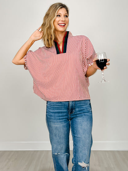 Striped Elasticated Sleeve Dolman Top with Split Neckline