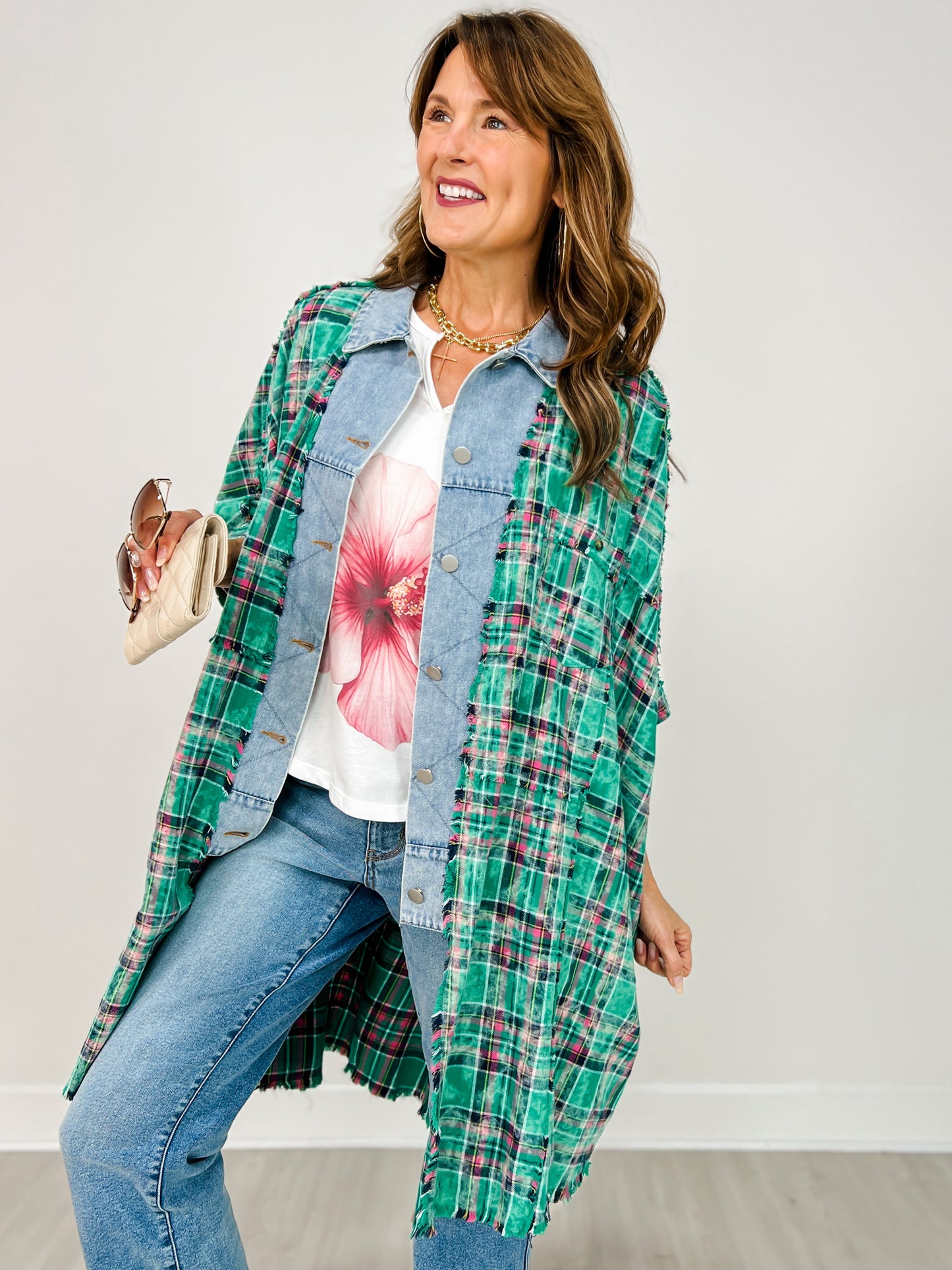 Curated Plaid and Denim Trim 3/4 Sleeve Shacket