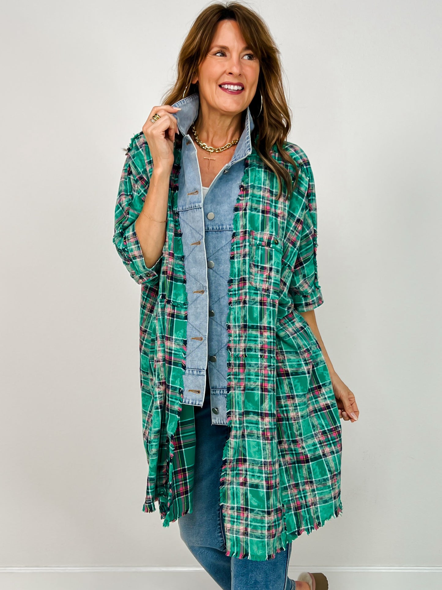 Curated Plaid and Denim Trim 3/4 Sleeve Shacket