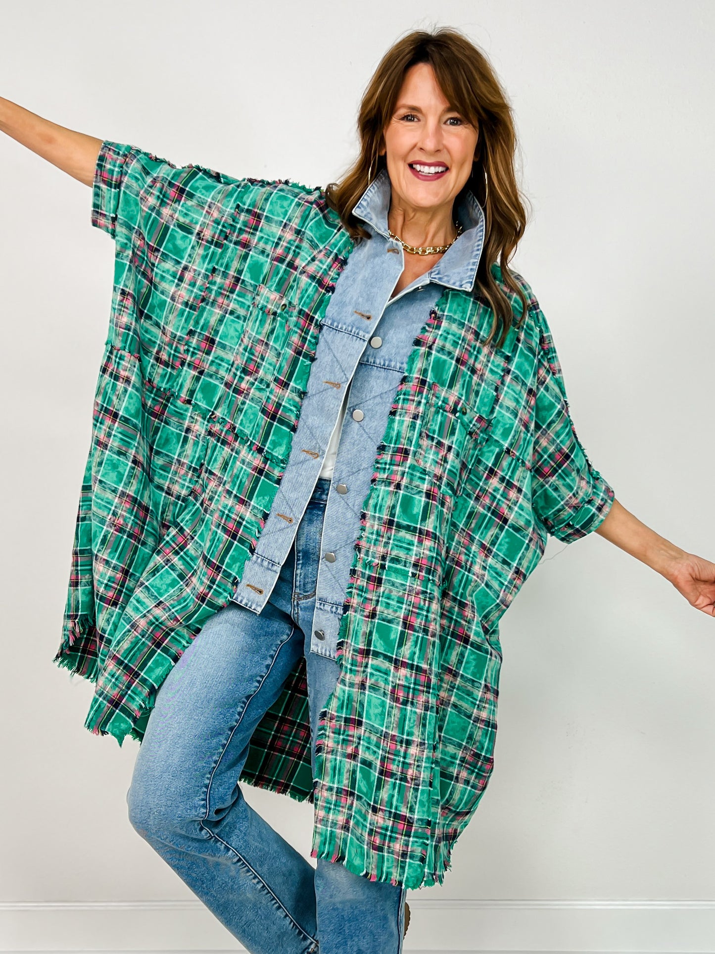Curated Plaid and Denim Trim 3/4 Sleeve Shacket