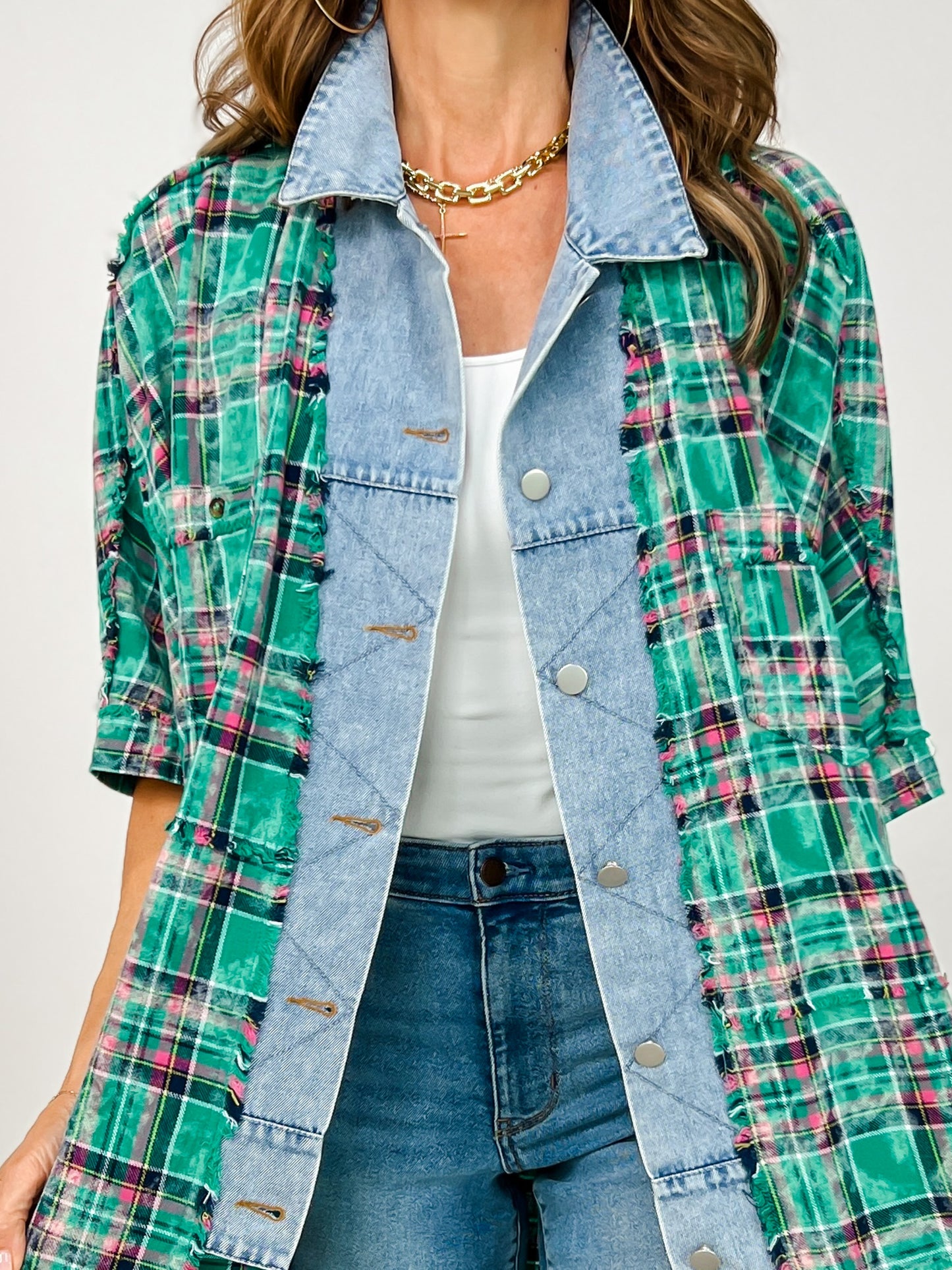 Curated Plaid and Denim Trim 3/4 Sleeve Shacket