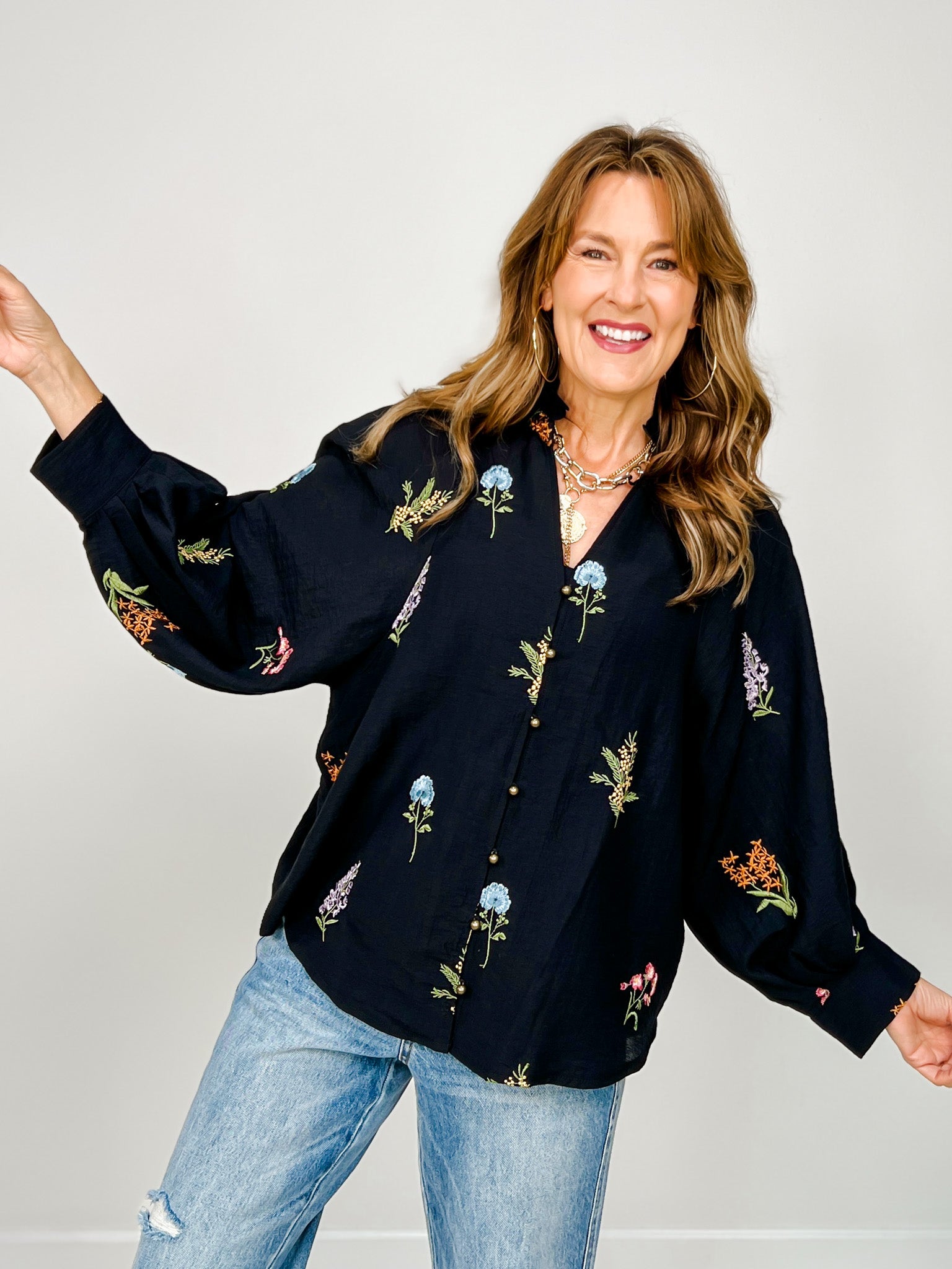 V-Neck Embroidered Botanical Long Sleeve Top