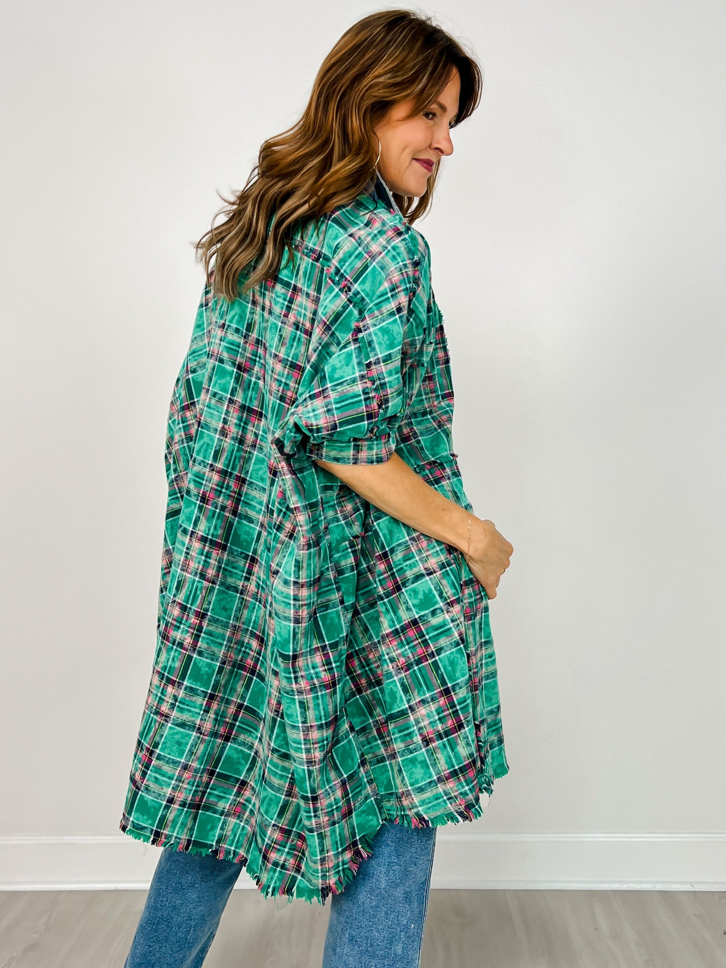 Curated Plaid and Denim Trim 3/4 Sleeve Shacket