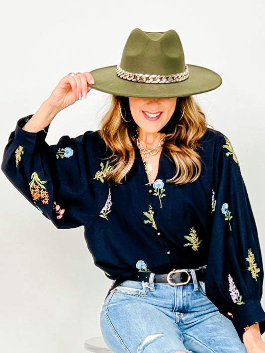 V-Neck Embroidered Botanical Long Sleeve Top