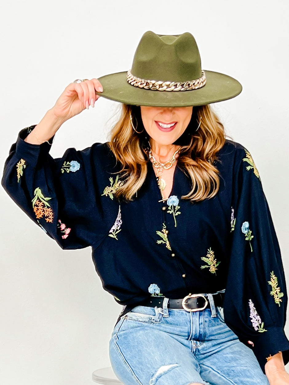 V-Neck Embroidered Botanical Long Sleeve Top
