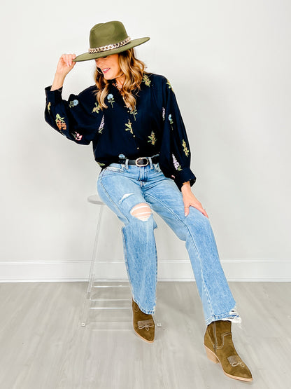 V-Neck Embroidered Botanical Long Sleeve Top