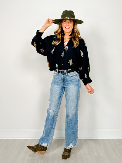 V-Neck Embroidered Botanical Long Sleeve Top