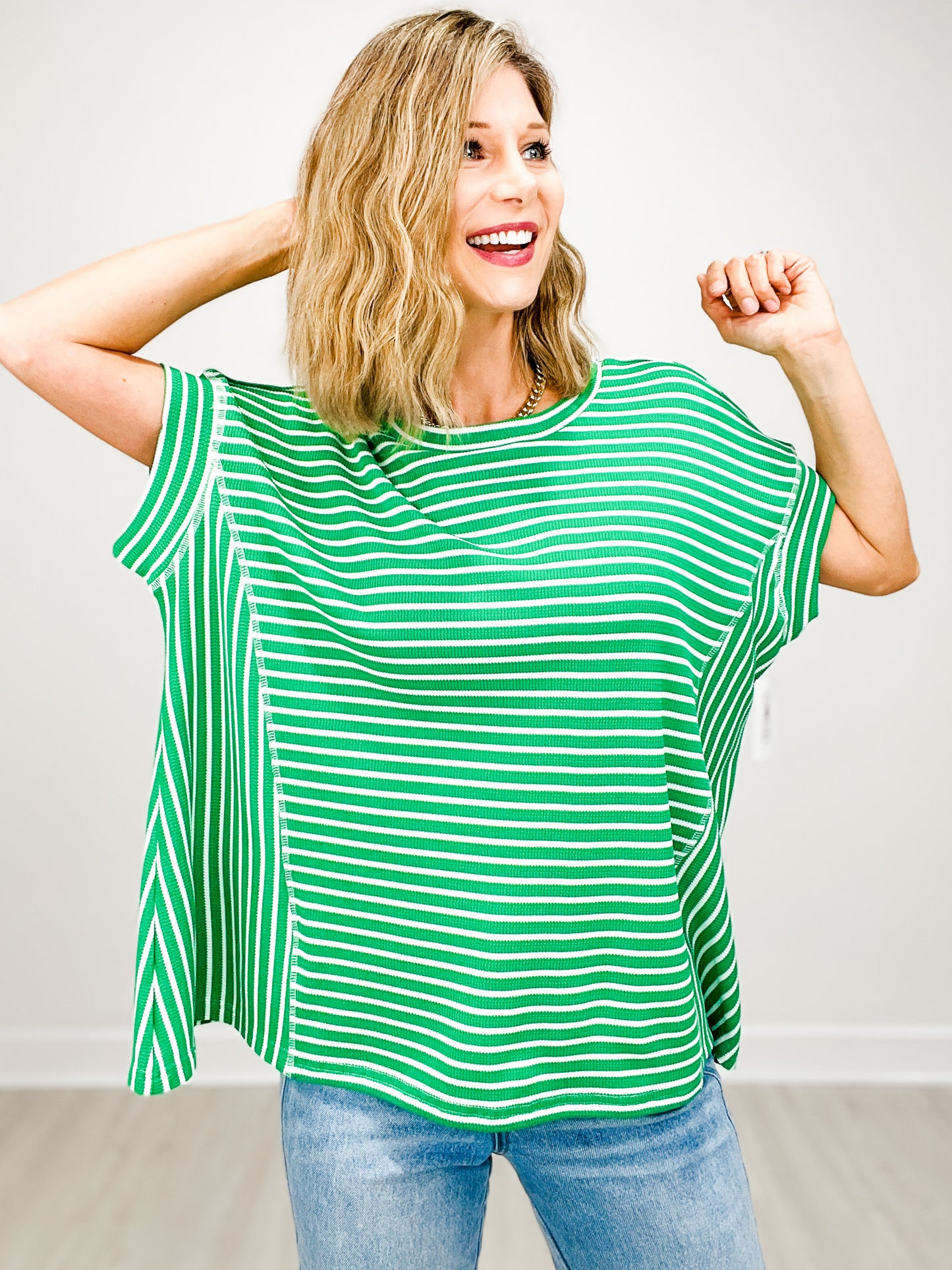 Soft Waffle Texture Striped Short Sleeve Top