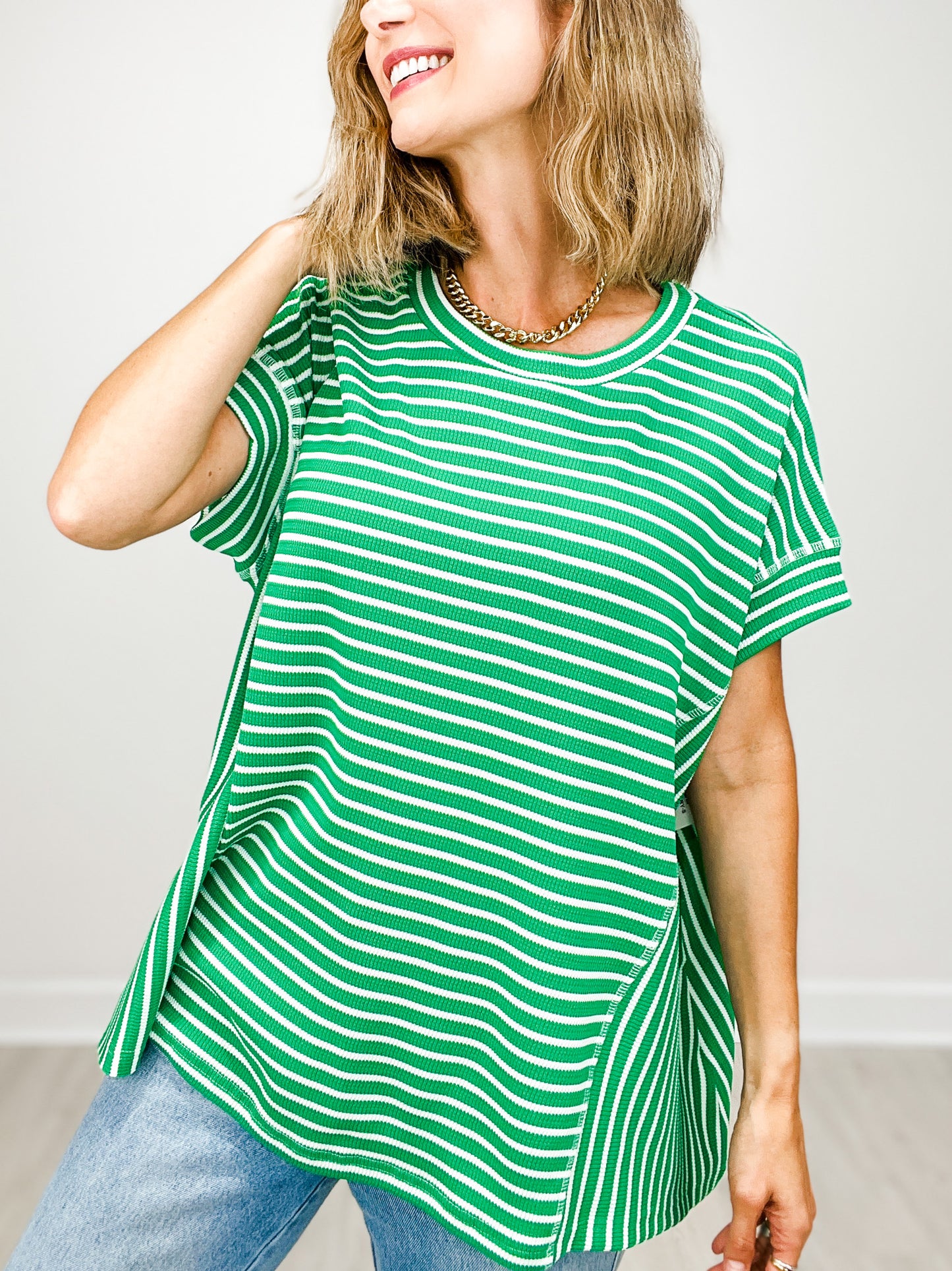 Soft Waffle Texture Striped Short Sleeve Top