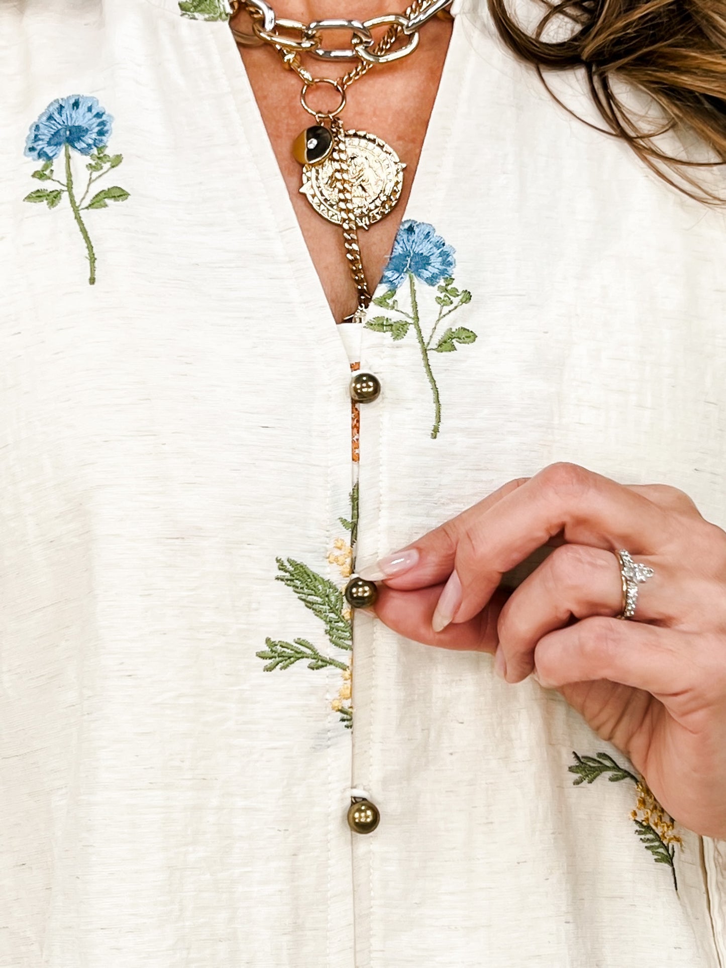 V-Neck Embroidered Botanical Long Sleeve Top