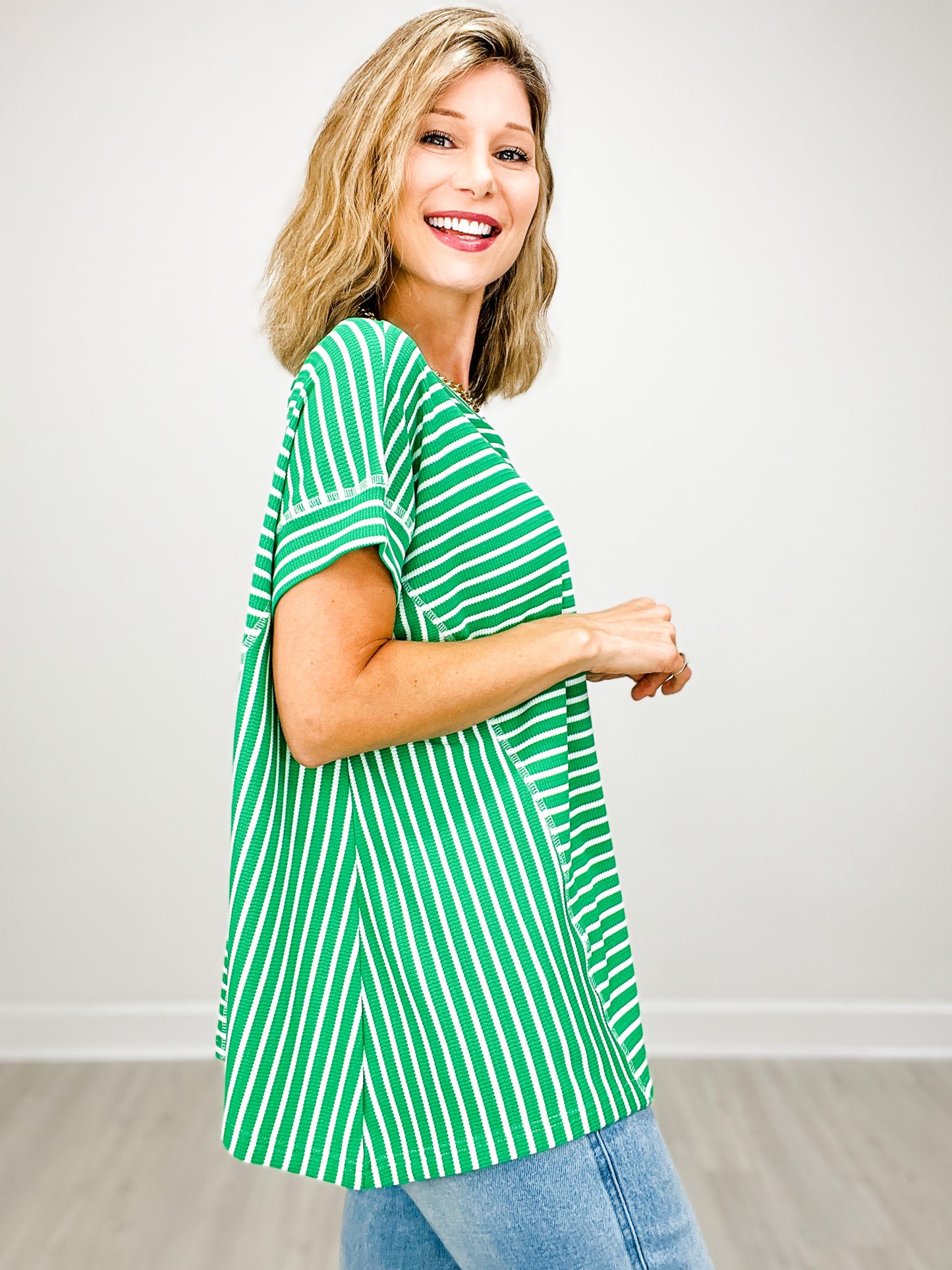 Soft Waffle Texture Striped Short Sleeve Top