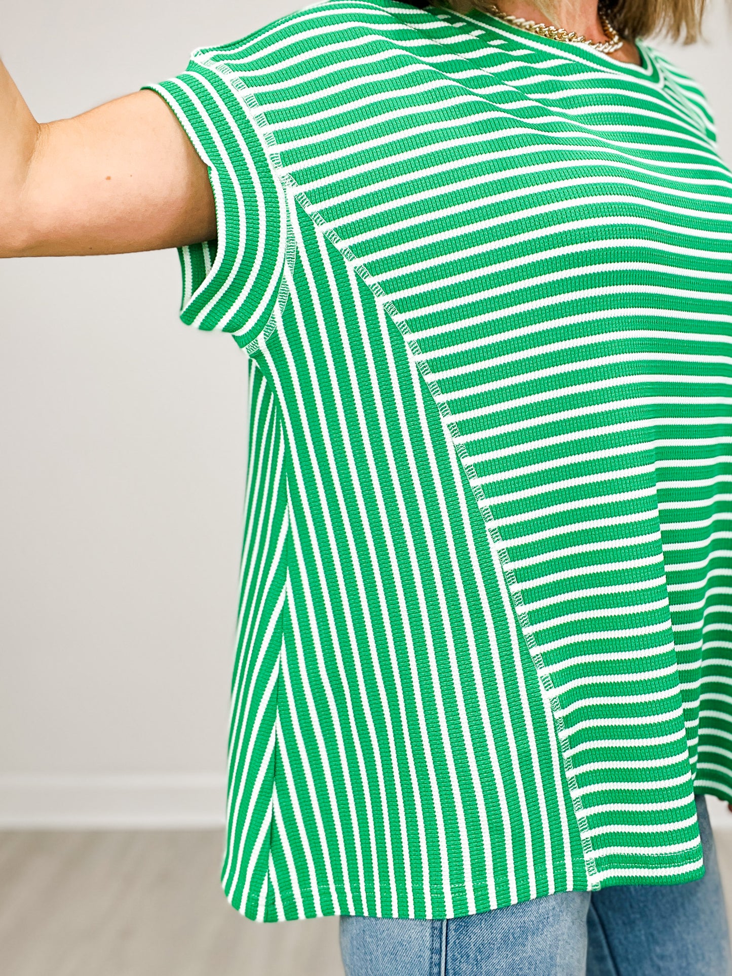 Soft Waffle Texture Striped Short Sleeve Top