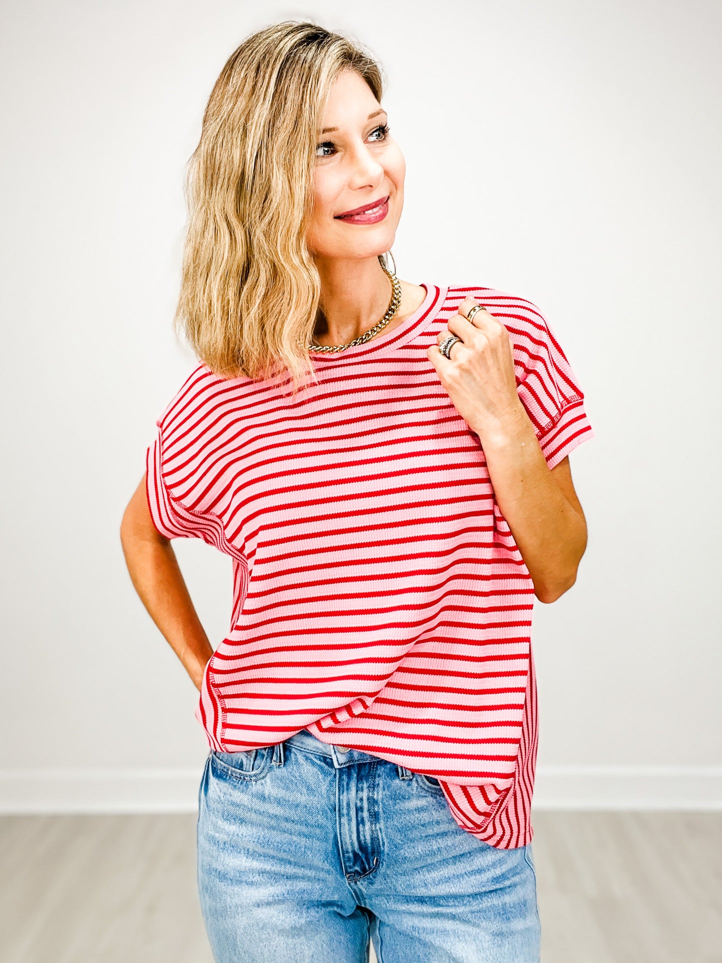 Soft Waffle Texture Striped Short Sleeve Top
