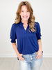 Mandarin Collar Top with Elbow Length Smocked Sleeves in Navy