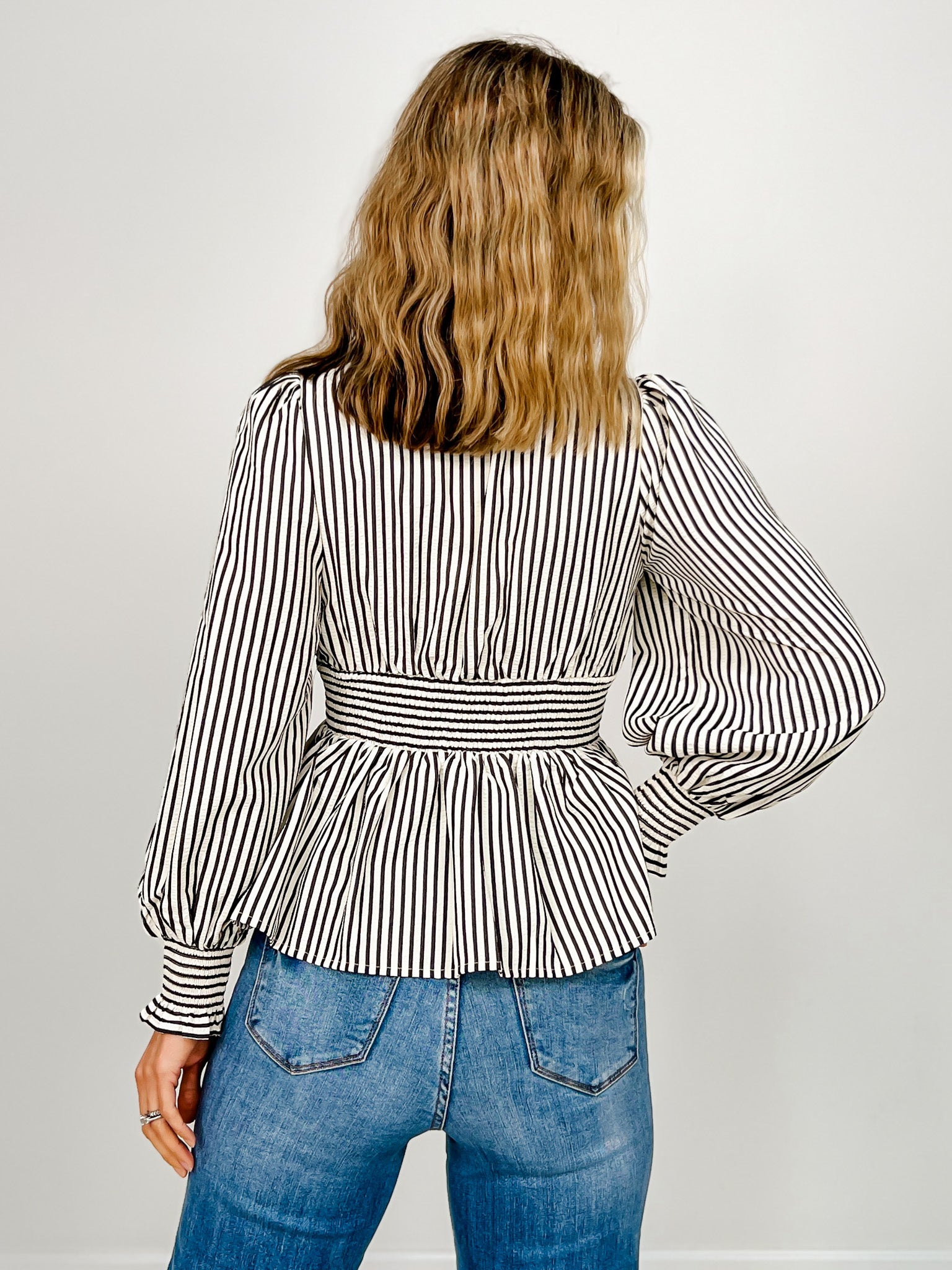 Striped Long Sleeve Peplum Top with Zipper Front