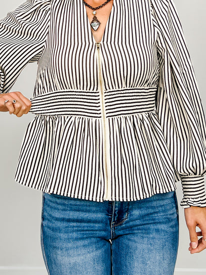 Striped Long Sleeve Peplum Top with Zipper Front